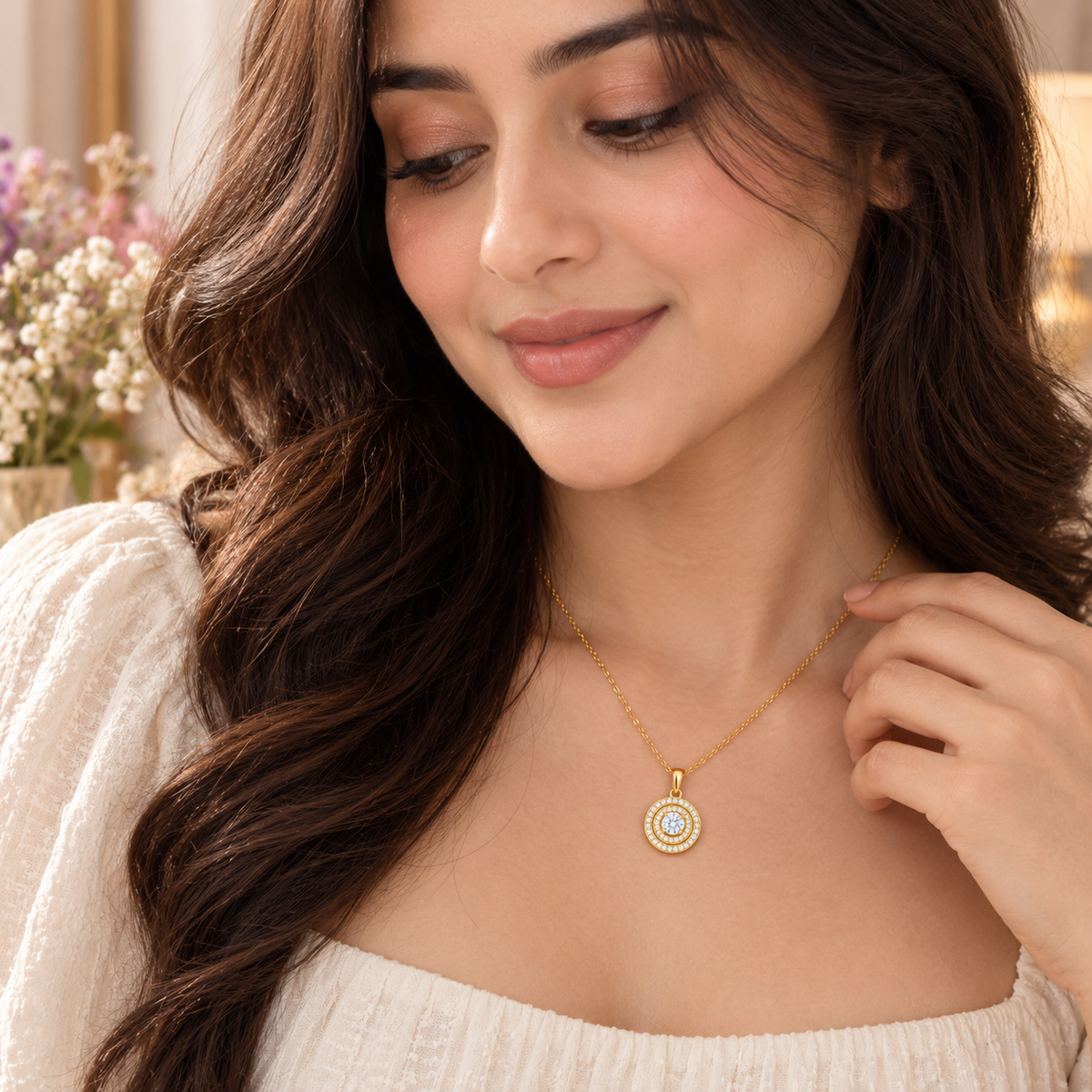 Round Halo White Cz Solitaire Necklace for Women - 925 Sterling Silver