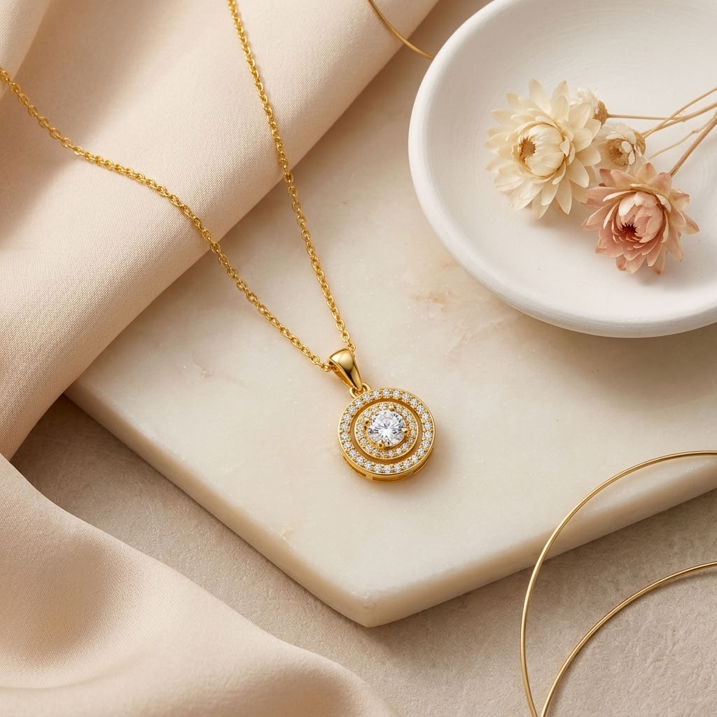 Round Halo White Cz Solitaire Necklace for Women - 925 Sterling Silver