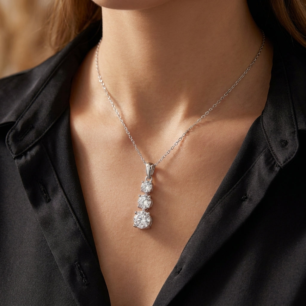 Three-Stone White Cz Drop Pendant Necklace