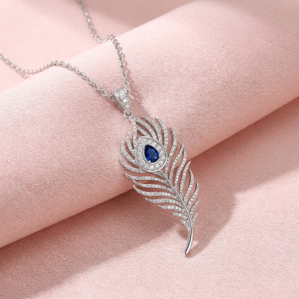 Blue Peacock Feather White Cz Pendant Necklace
