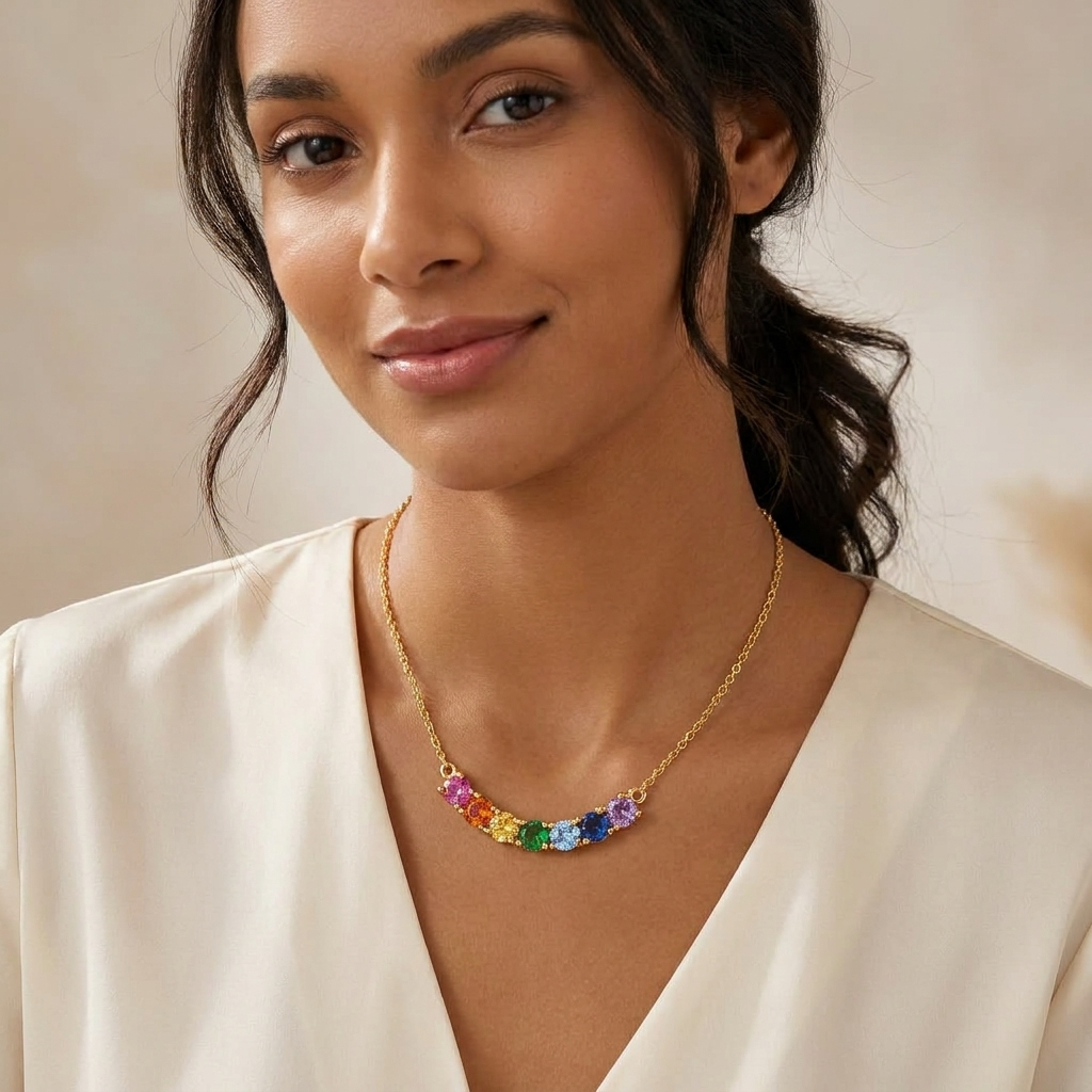 Rainbow Multicolor White Cz Station Necklace for Women - 925 Sterling Silver