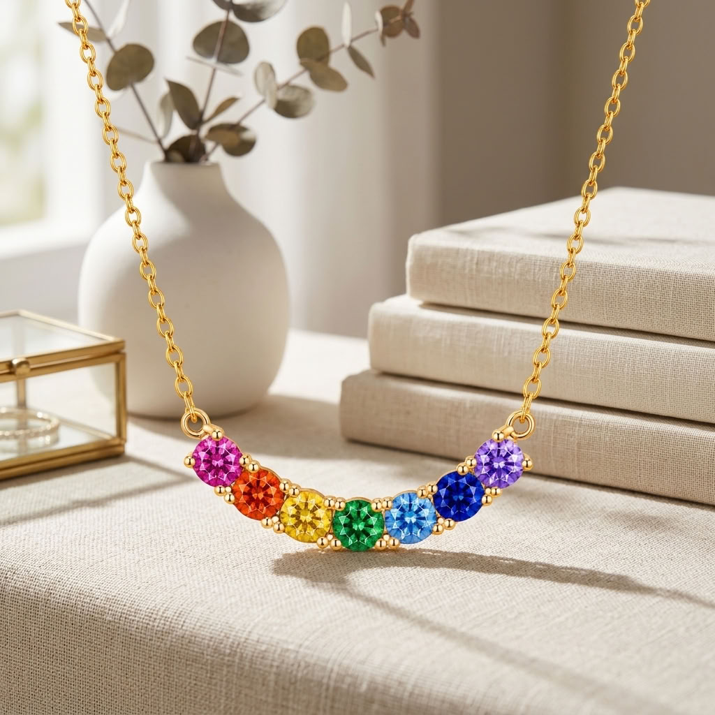 Rainbow Multicolor White Cz Station Necklace for Women - 925 Sterling Silver