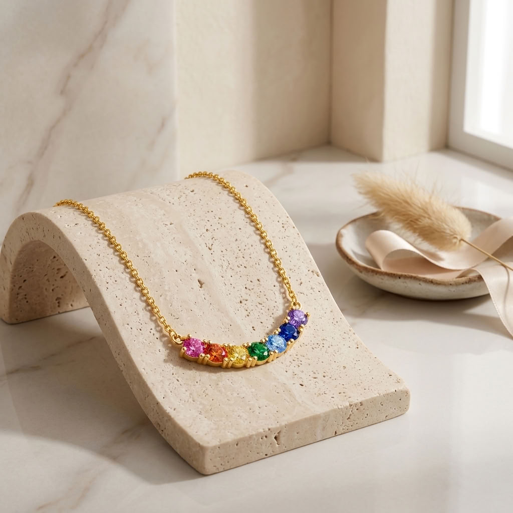 Rainbow Multicolor White Cz Station Necklace for Women - 925 Sterling Silver