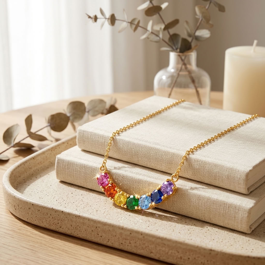 Rainbow Multicolor White Cz Station Necklace for Women - 925 Sterling Silver