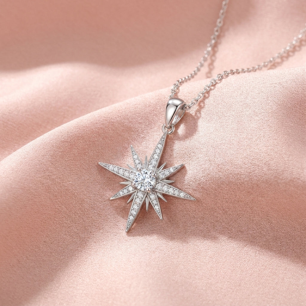 Compass Star White Cz Pendant Necklace