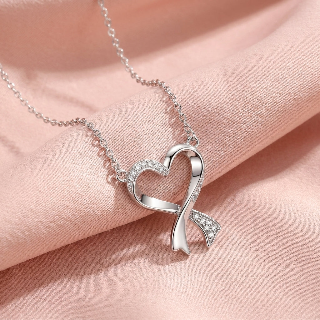 Ribbon Heart White Cz Pendant Necklace