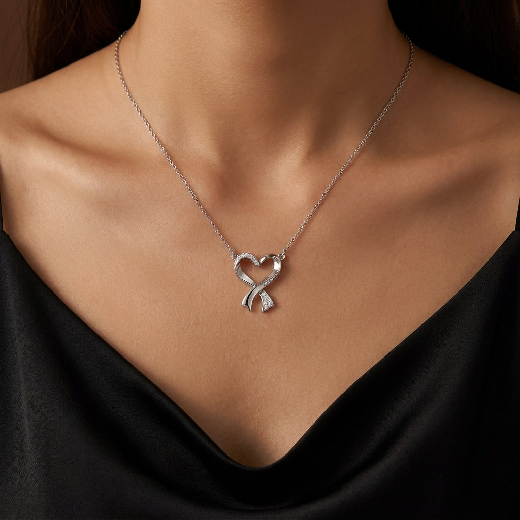 Ribbon Heart White Cz Pendant Necklace