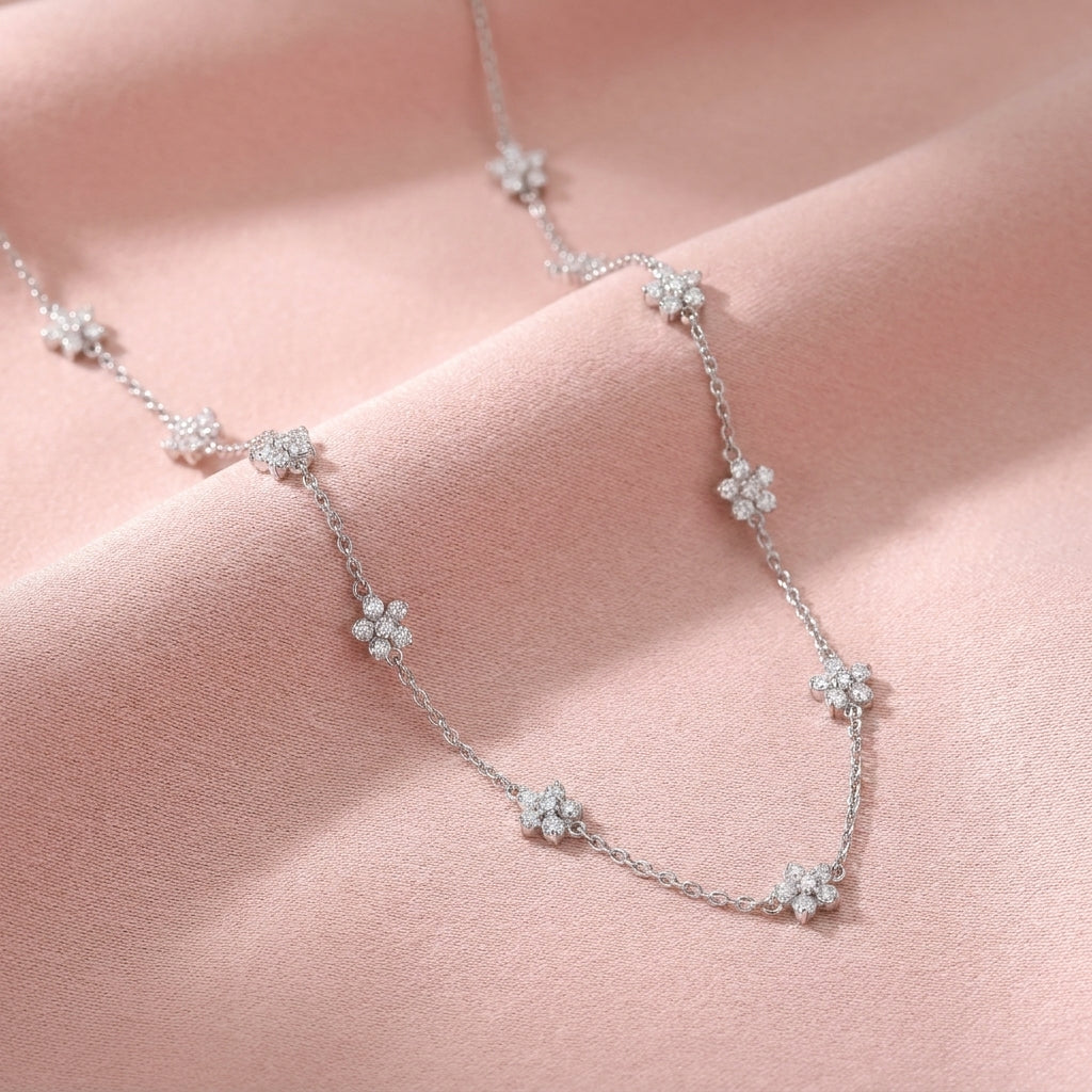 Floral White Cz Station Necklace