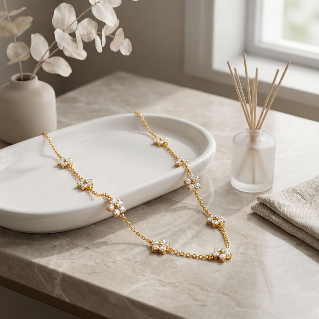 Floral White Cz Station Necklace for Women - 925 Sterling Silver