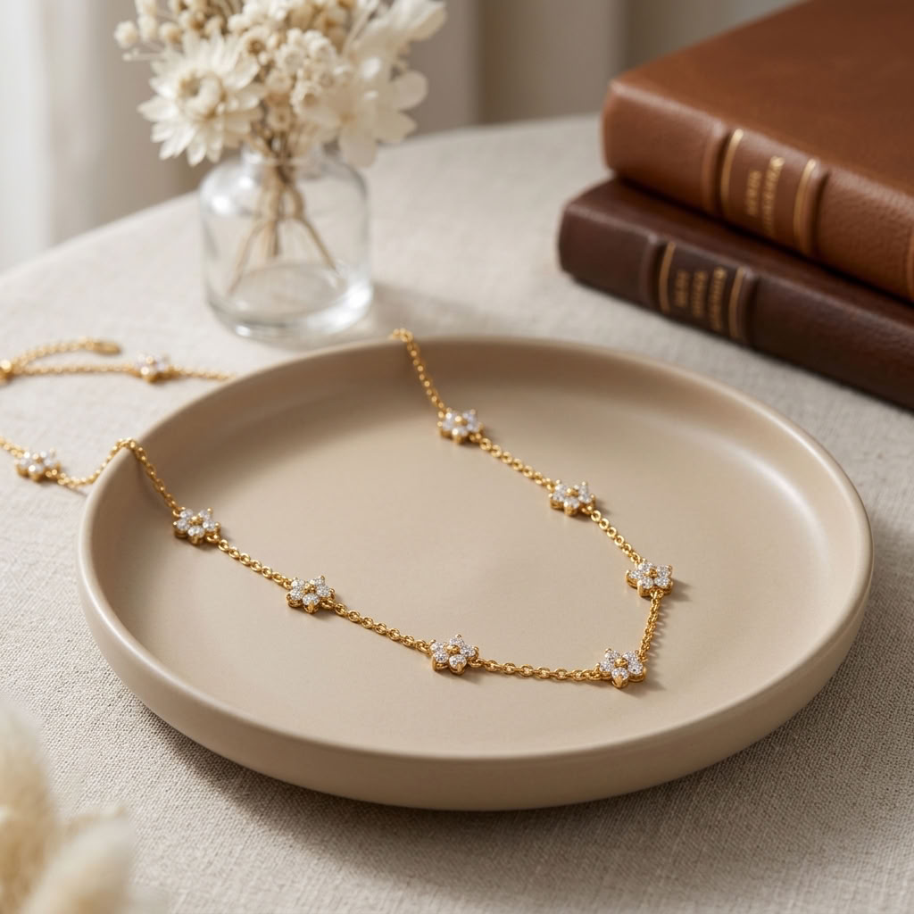 Floral White Cz Station Necklace for Women - 925 Sterling Silver