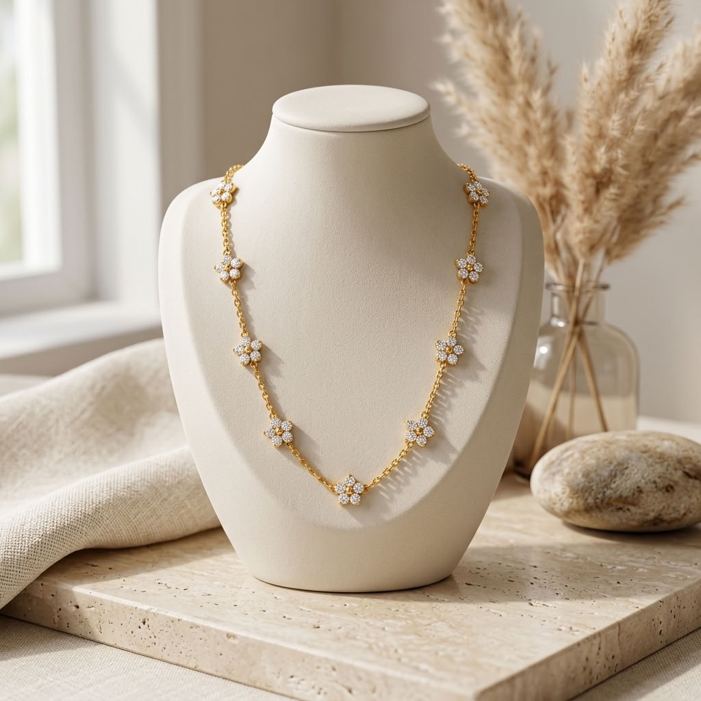 Floral White Cz Station Necklace for Women - 925 Sterling Silver
