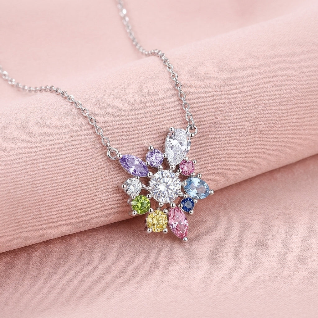 Multicolor Floral Necklace with White Cz Accents