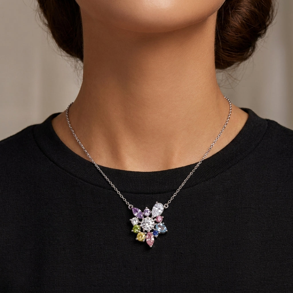 Multicolor Floral Necklace with White Cz Accents