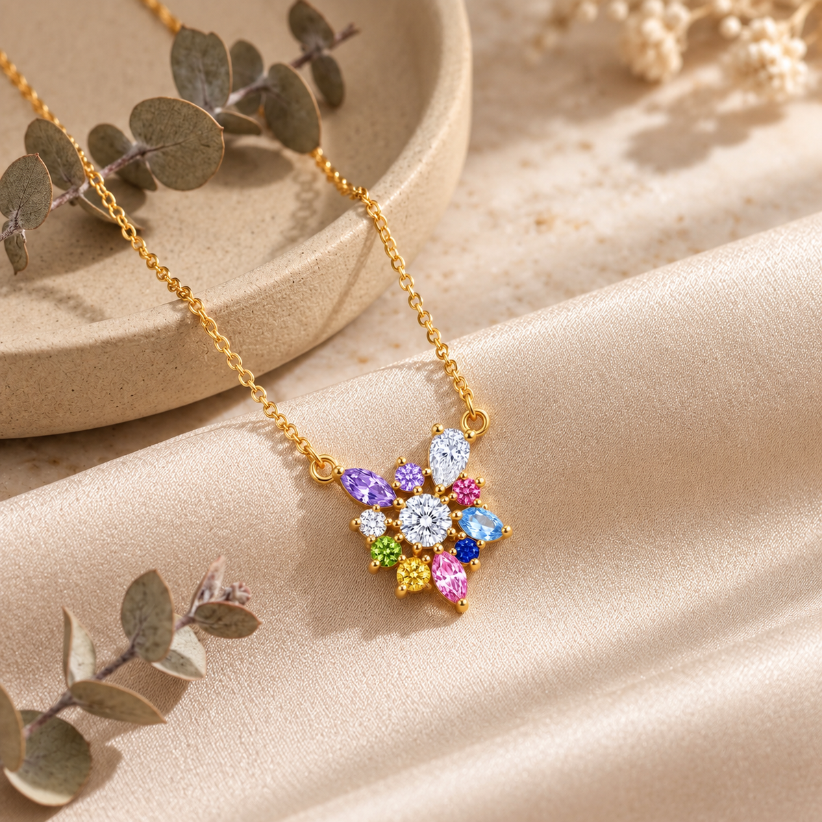 Multicolor Floral Necklace with White Cz Accents for Women - 925 Sterling Silver