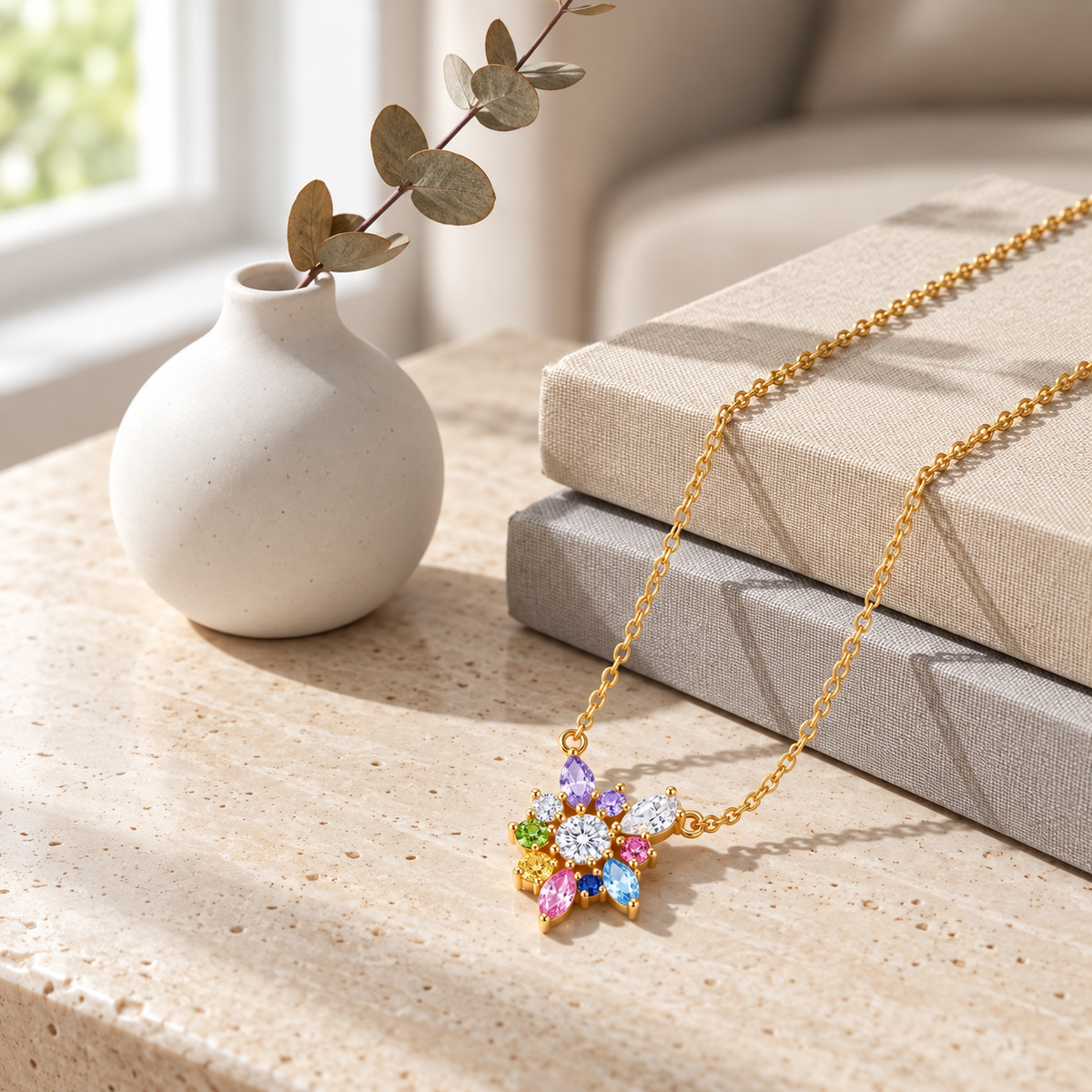 Multicolor Floral Necklace with White Cz Accents for Women - 925 Sterling Silver