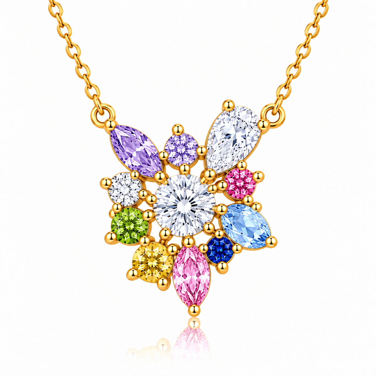 Multicolor Floral Necklace with White Cz Accents for Women - 925 Sterling Silver