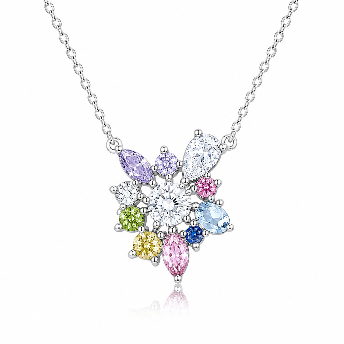 Multicolor Floral Necklace with White Cz Accents