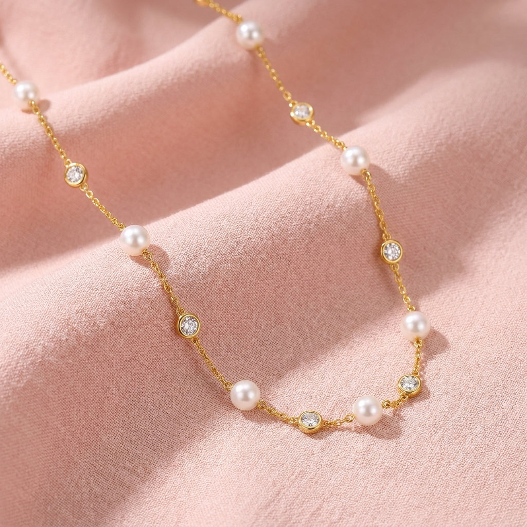 Pearl & White Cz Station Necklace