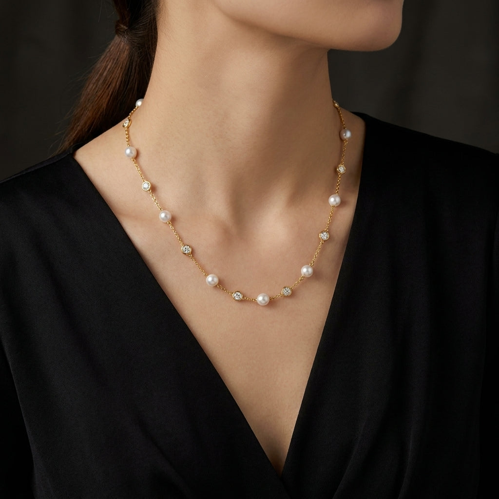 Pearl & White Cz Station Necklace
