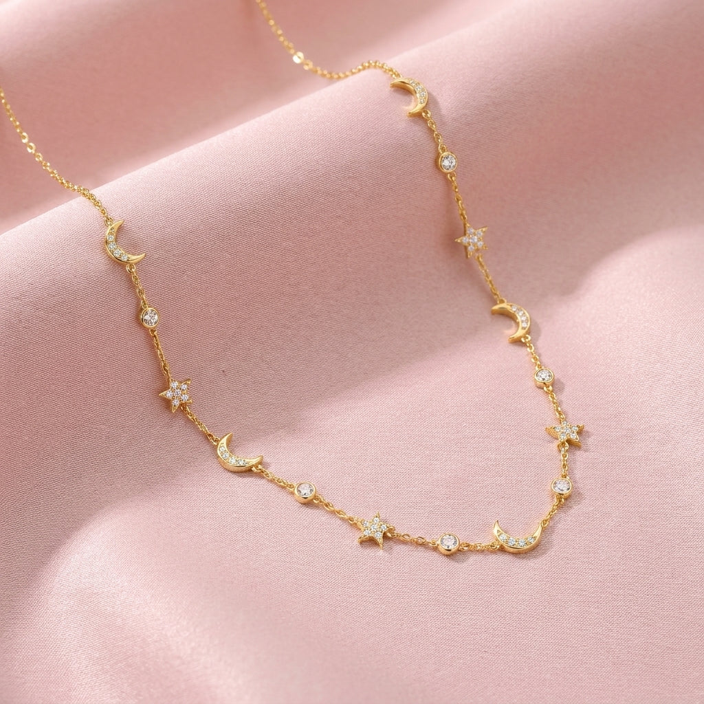Moon & Star Station Necklace with White Cz