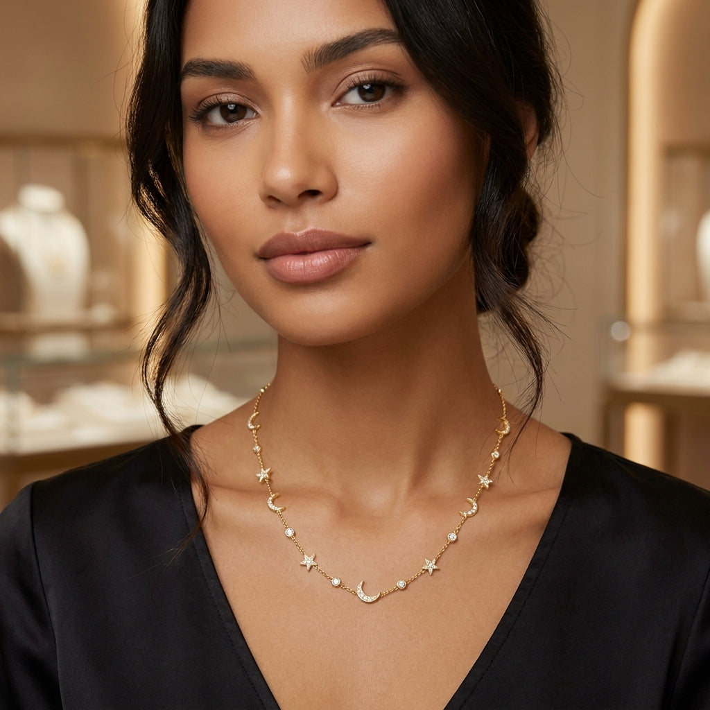 Moon & Star Station Necklace with White Cz