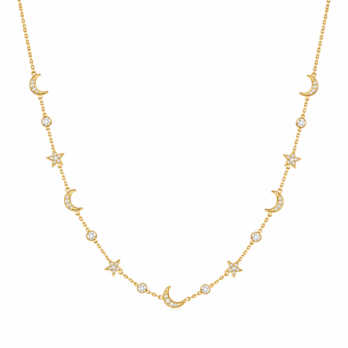 Moon & Star Station Necklace with White Cz