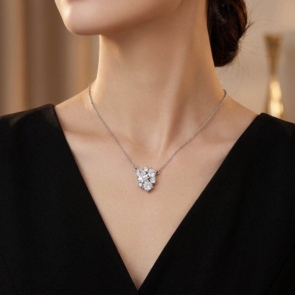 Pear & Round White Cz Cluster Necklace