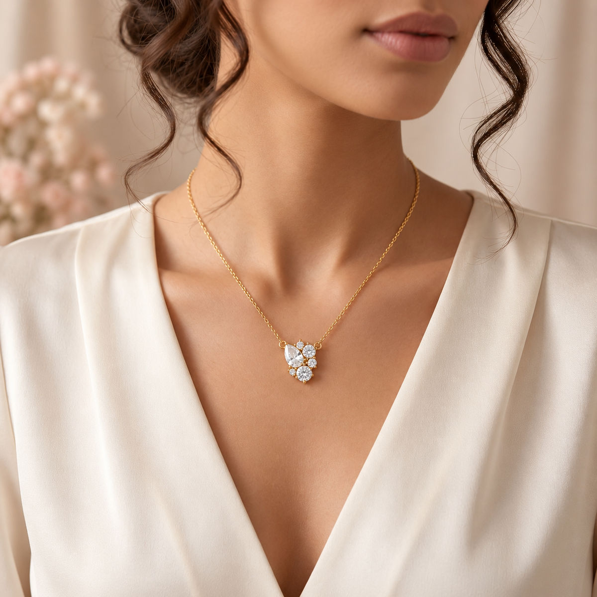 Pear & Round White Cz Cluster Necklace for Women - 925 Sterling Silver