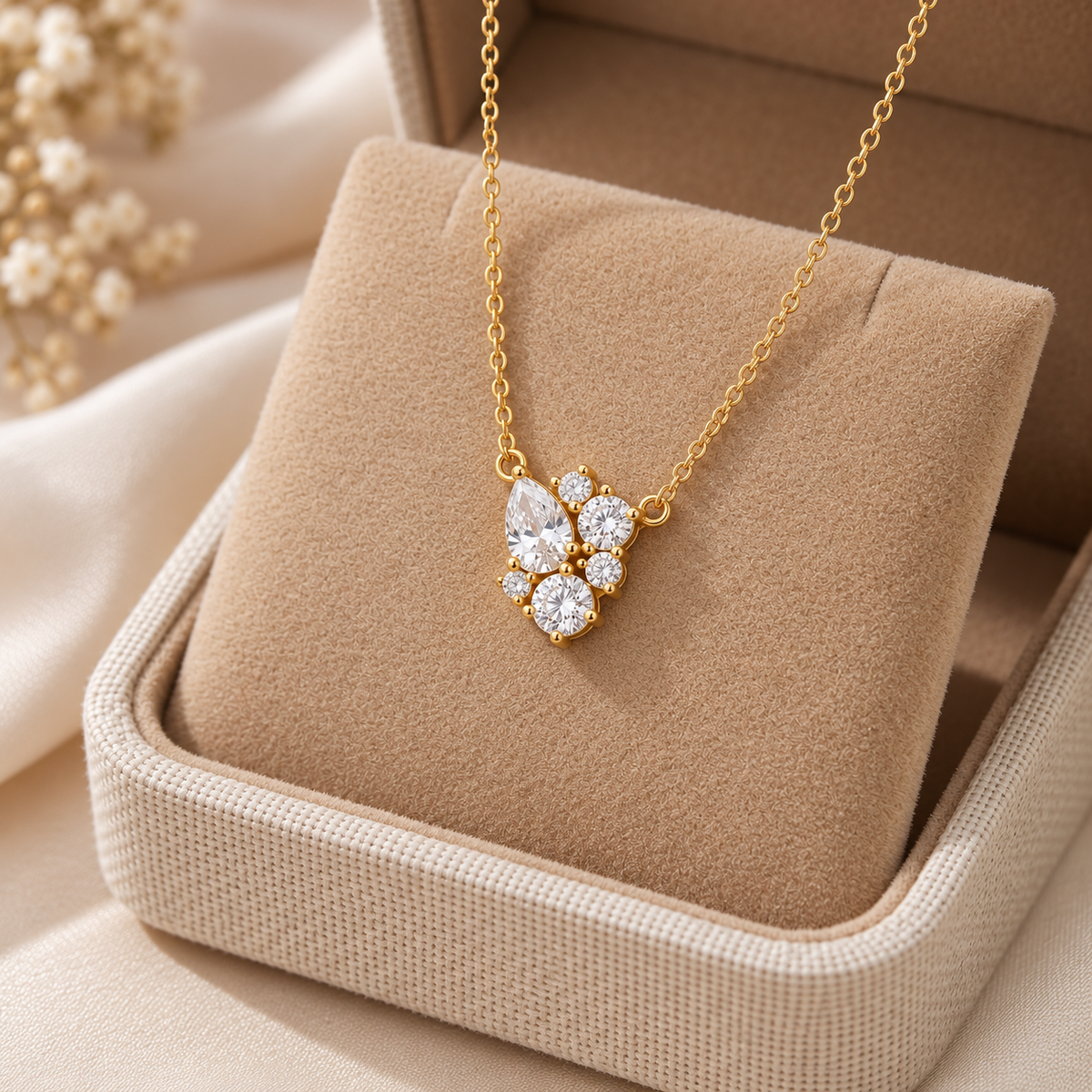 Pear & Round White Cz Cluster Necklace for Women - 925 Sterling Silver