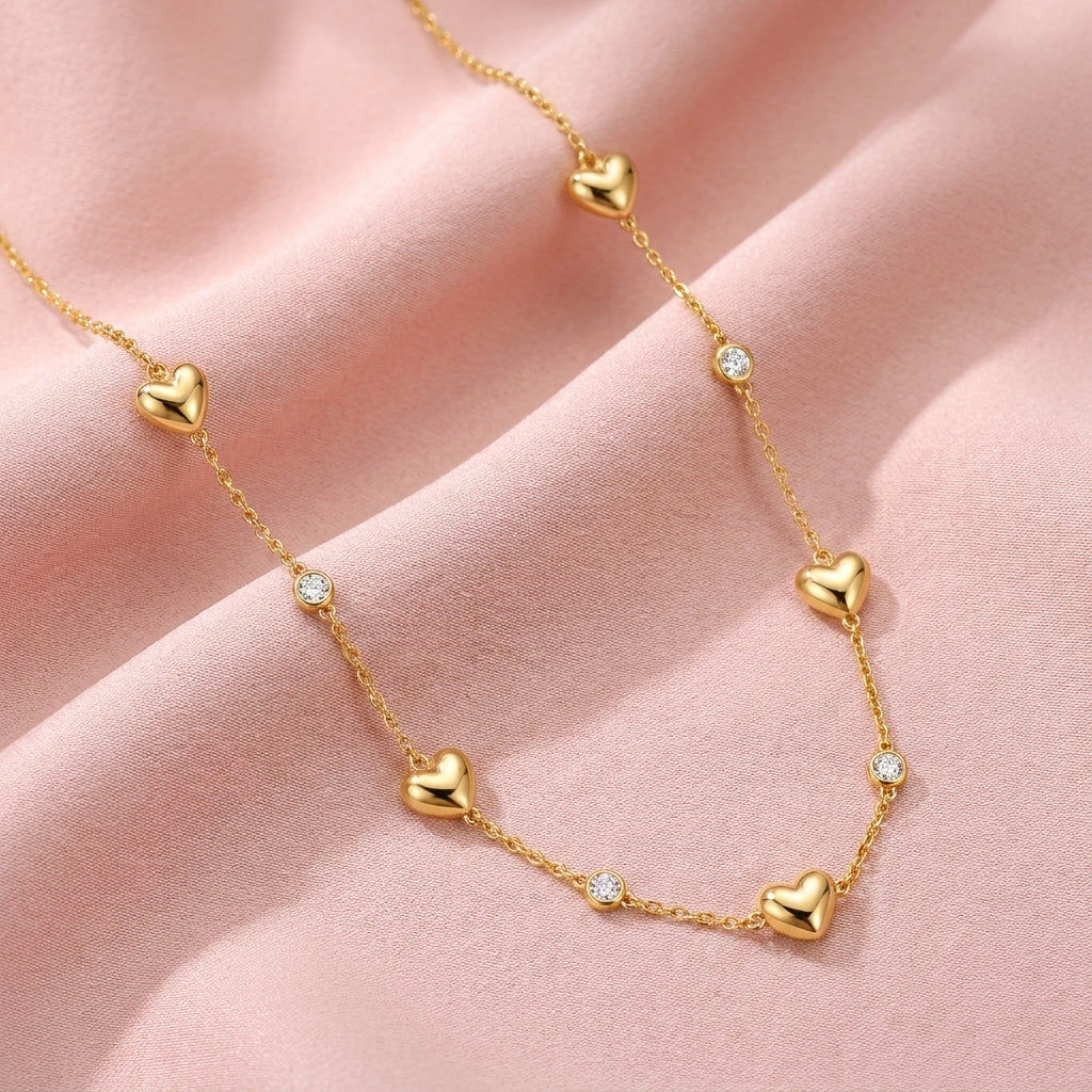 Heart Station Necklace with White Cz Accents