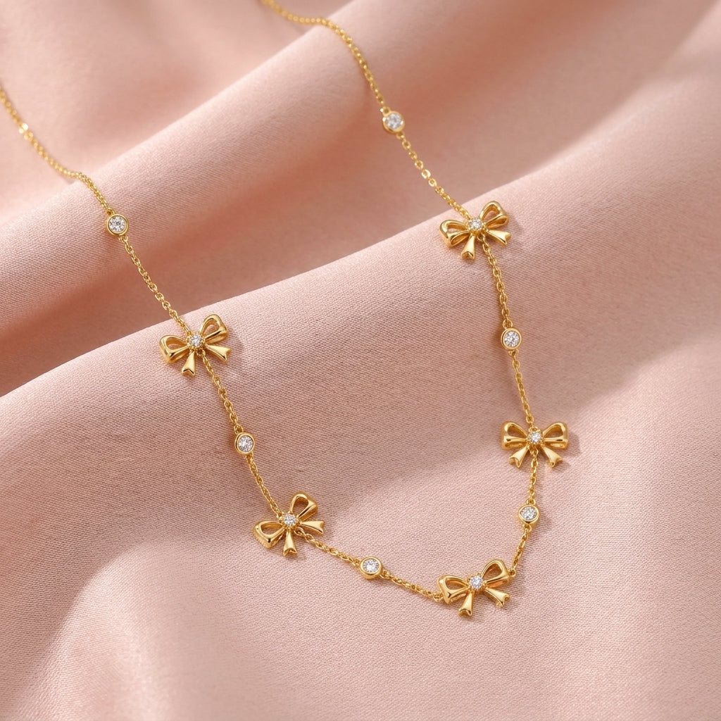 Bow Station Necklace with Sparkling White Cz