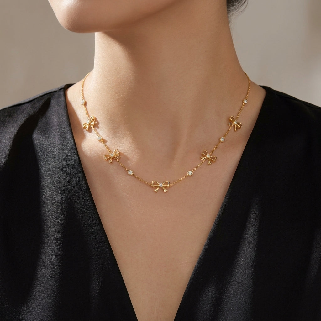 Bow Station Necklace with Sparkling White Cz