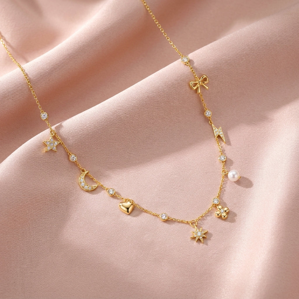Mixed Charm Station Necklace with White Cz Accents