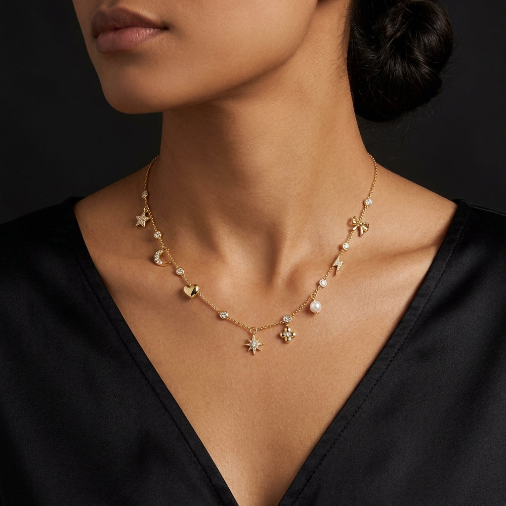 Mixed Charm Station Necklace with White Cz Accents