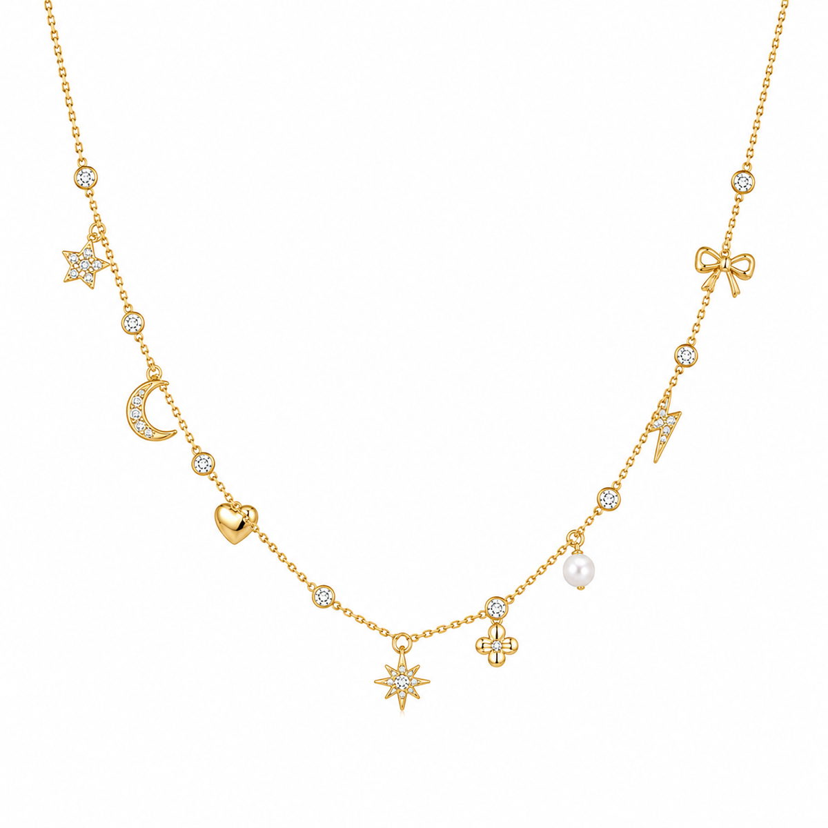 Mixed Charm Station Necklace with White Cz Accents