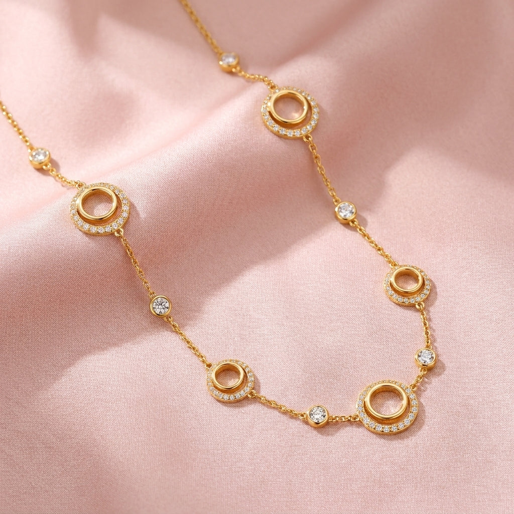 Double Circle Station Necklace with White Cz