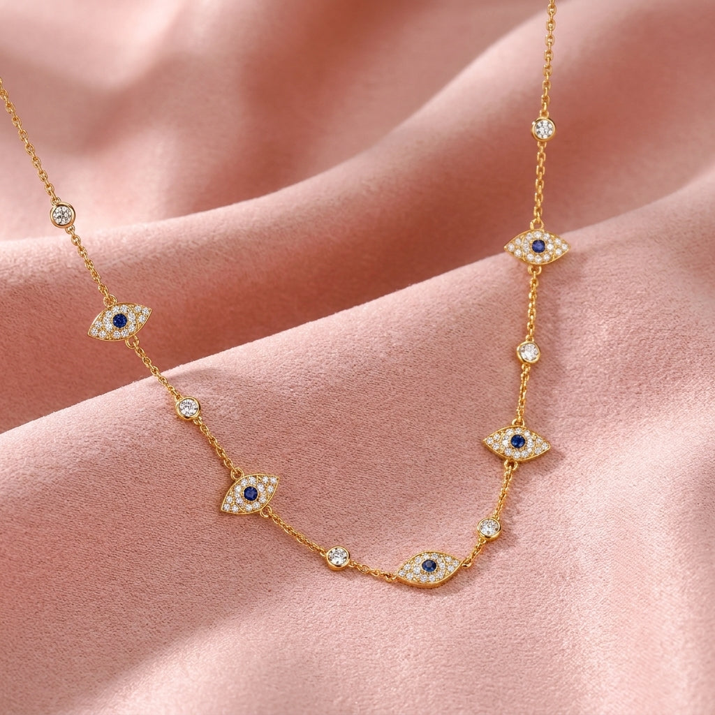 Evil Eye Station Necklace with Blue White Cz