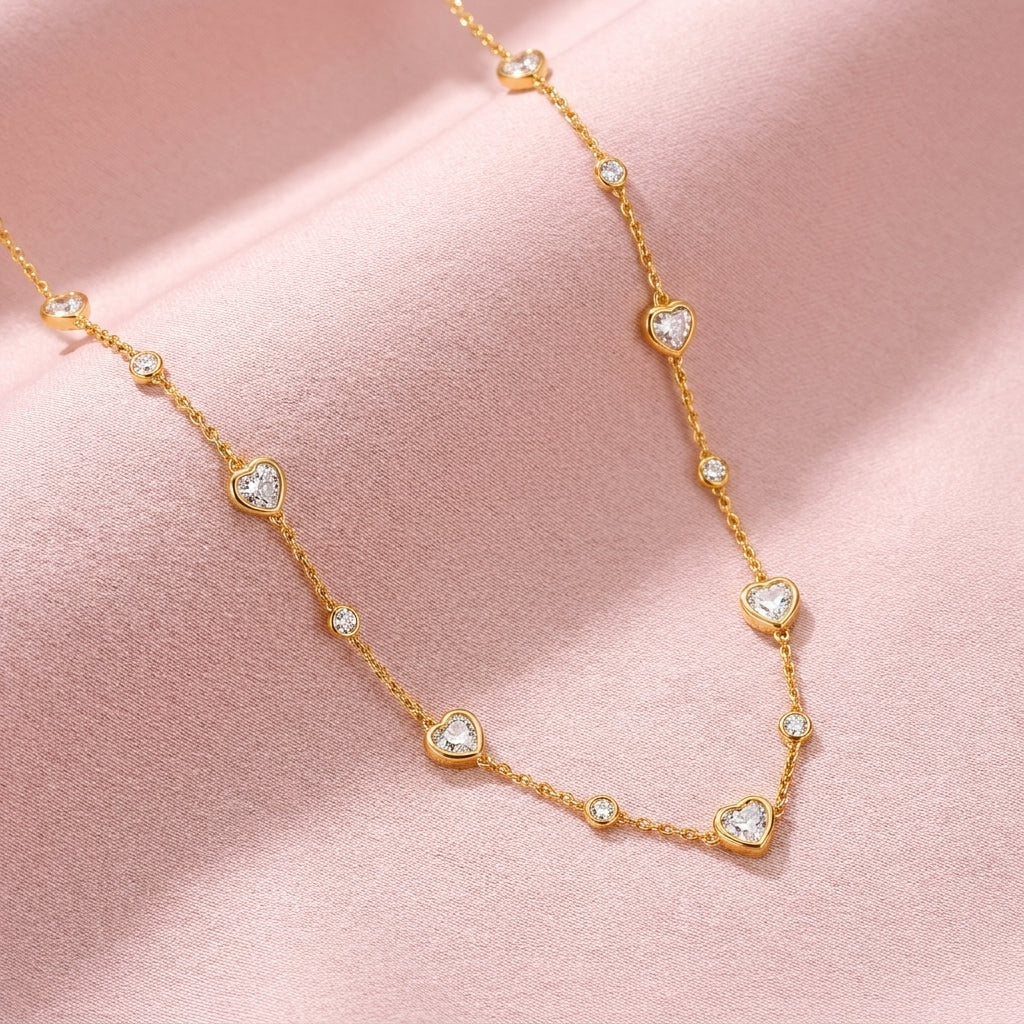 Heart Station Necklace with White Cz Accents