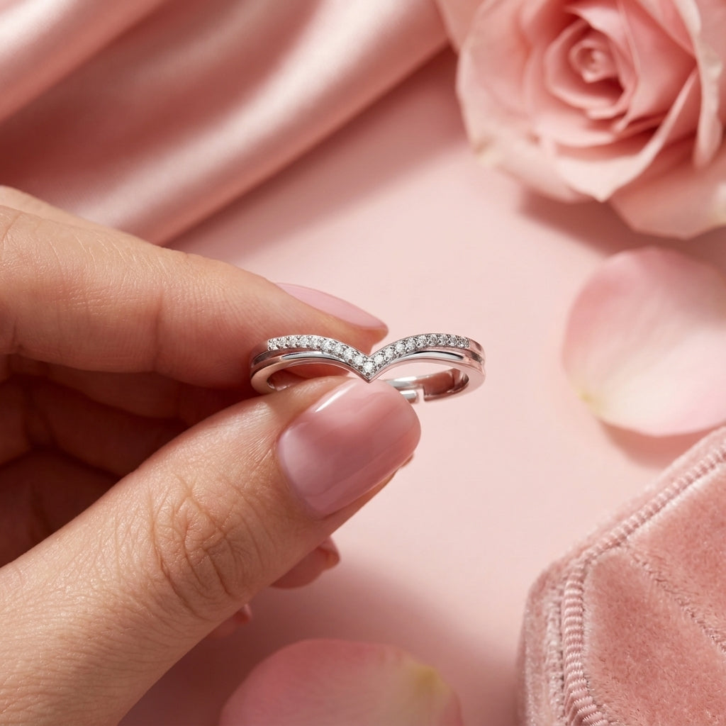 Wishbone Ring - Adjustable Pave Crystal V-Shape Stacking Ring