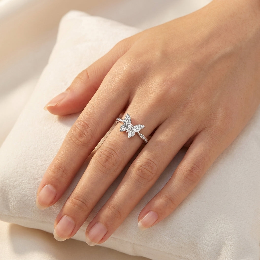 Butterfly Ring - Adjustable Pave Crystal Butterfly Charm Ring