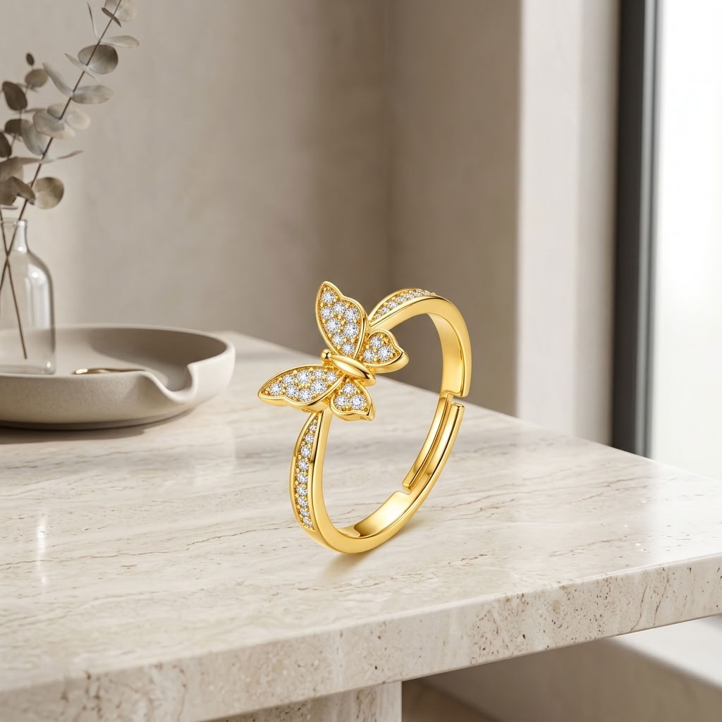 Butterfly Adjustable Pave Crystal Butterfly Charm Ring for Women - 925 Sterling Silver