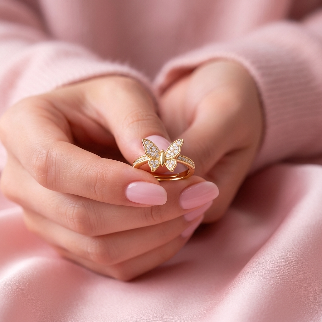 Butterfly Adjustable Pave Crystal Butterfly Charm Ring for Women - 925 Sterling Silver