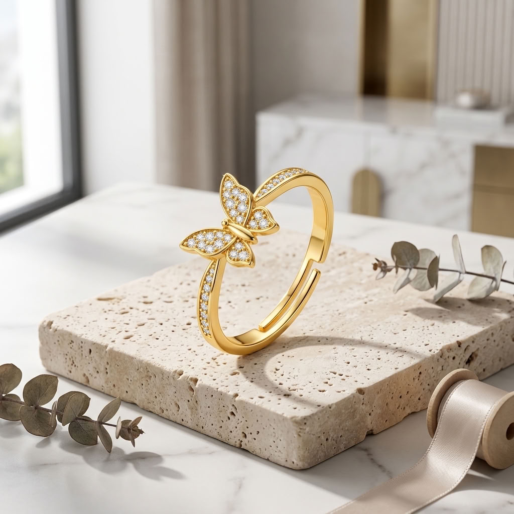 Butterfly Adjustable Pave Crystal Butterfly Charm Ring for Women - 925 Sterling Silver