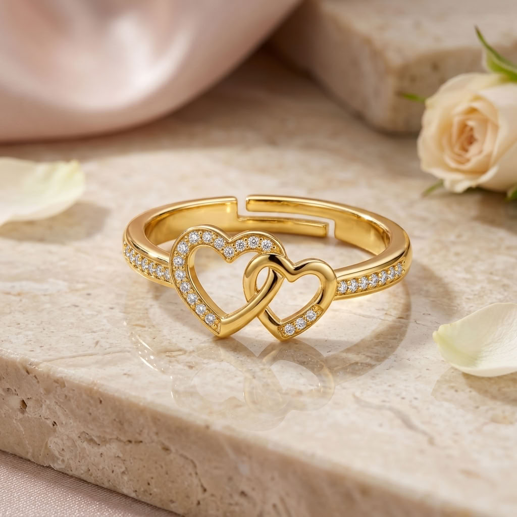 Interlocking Double Heart Adjustable Pave Crystal Ring for Women - 925 Sterling Silver