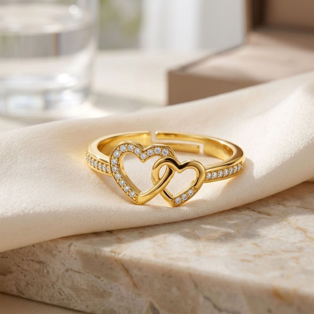 Interlocking Double Heart Adjustable Pave Crystal Ring for Women - 925 Sterling Silver