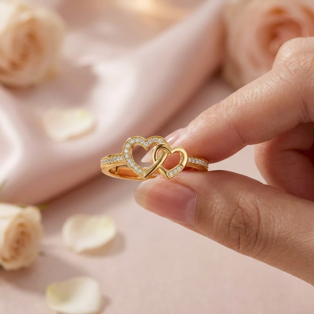 Interlocking Double Heart Adjustable Pave Crystal Ring for Women - 925 Sterling Silver