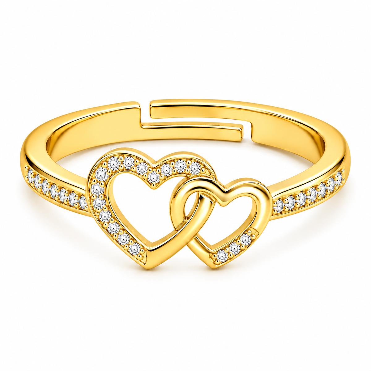 Interlocking Double Heart Adjustable Pave Crystal Ring for Women - 925 Sterling Silver