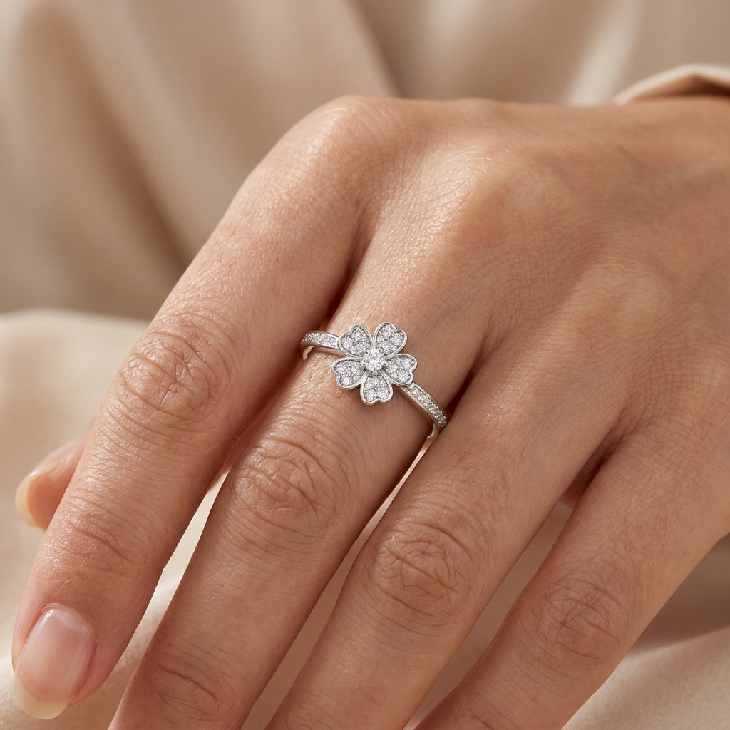 Four-Leaf Clover Ring - Adjustable Pave Crystal Lucky Charm Ring