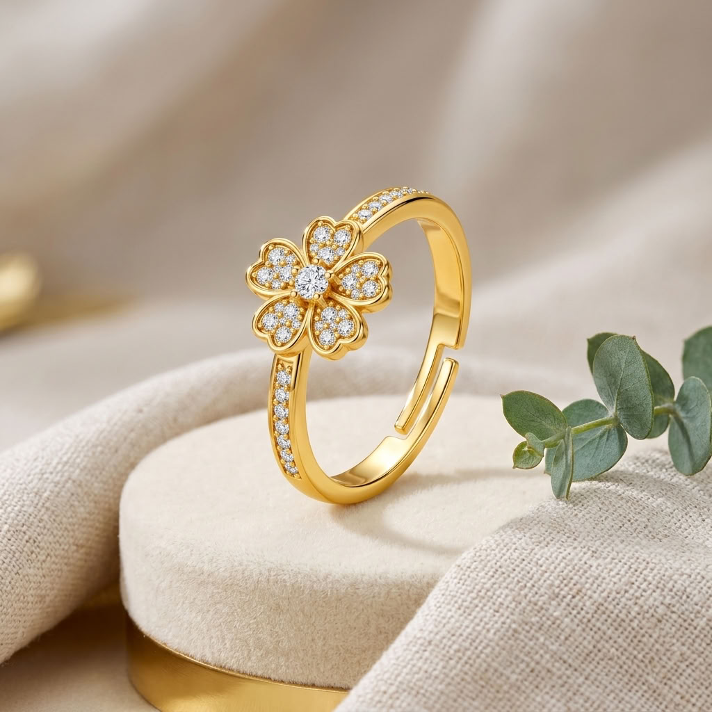 Four-Leaf Clover Adjustable Pave Crystal Lucky Charm Ring for Women - 925 Sterling Silver