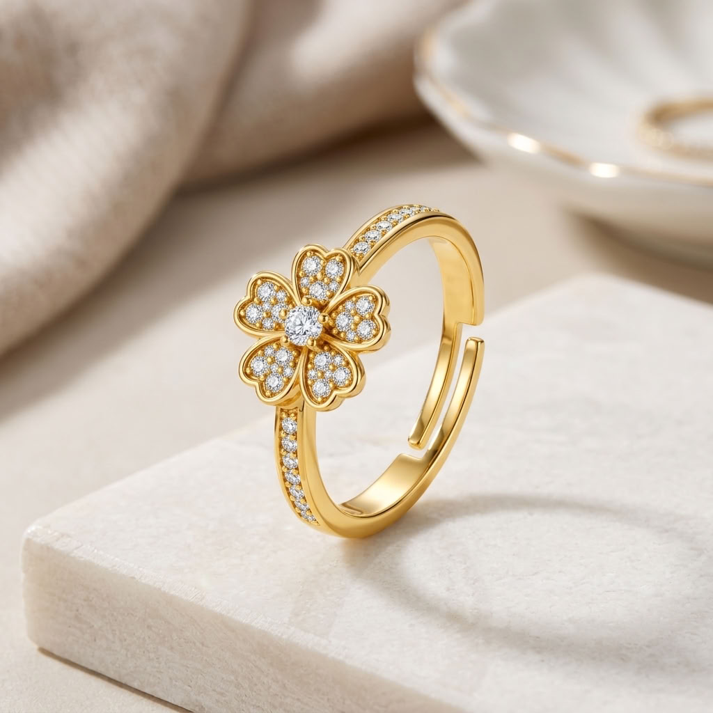 Four-Leaf Clover Adjustable Pave Crystal Lucky Charm Ring for Women - 925 Sterling Silver